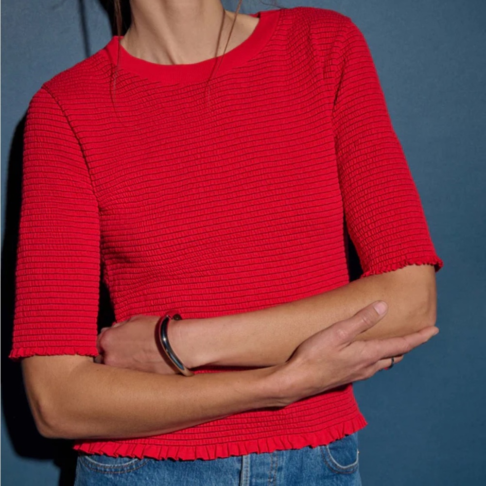 Nation Beverly Top Red Crewneck Ruched Ribbed Tshirt Knit Pima Cotton Sz M